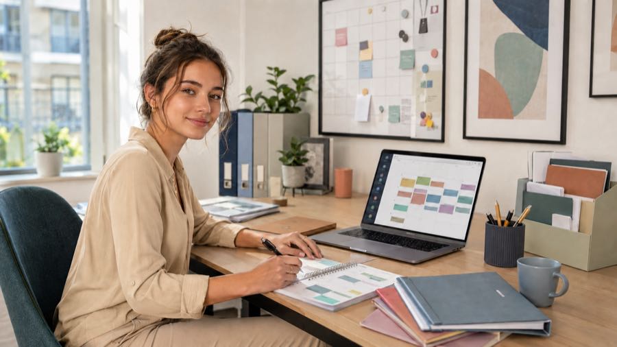Office manager feladatokat szervez egy rendezett irodában