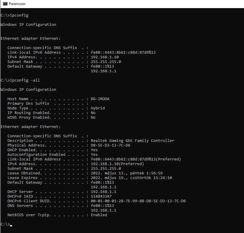 Screenshot az Ipconfig parancsról