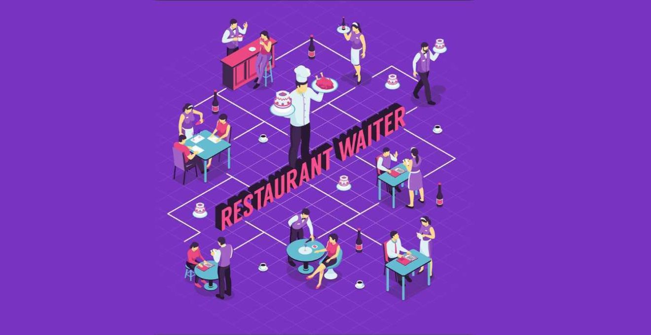 Rajz pincérekkel és asztalnál ülő vendégekkel lila háttérszínnel