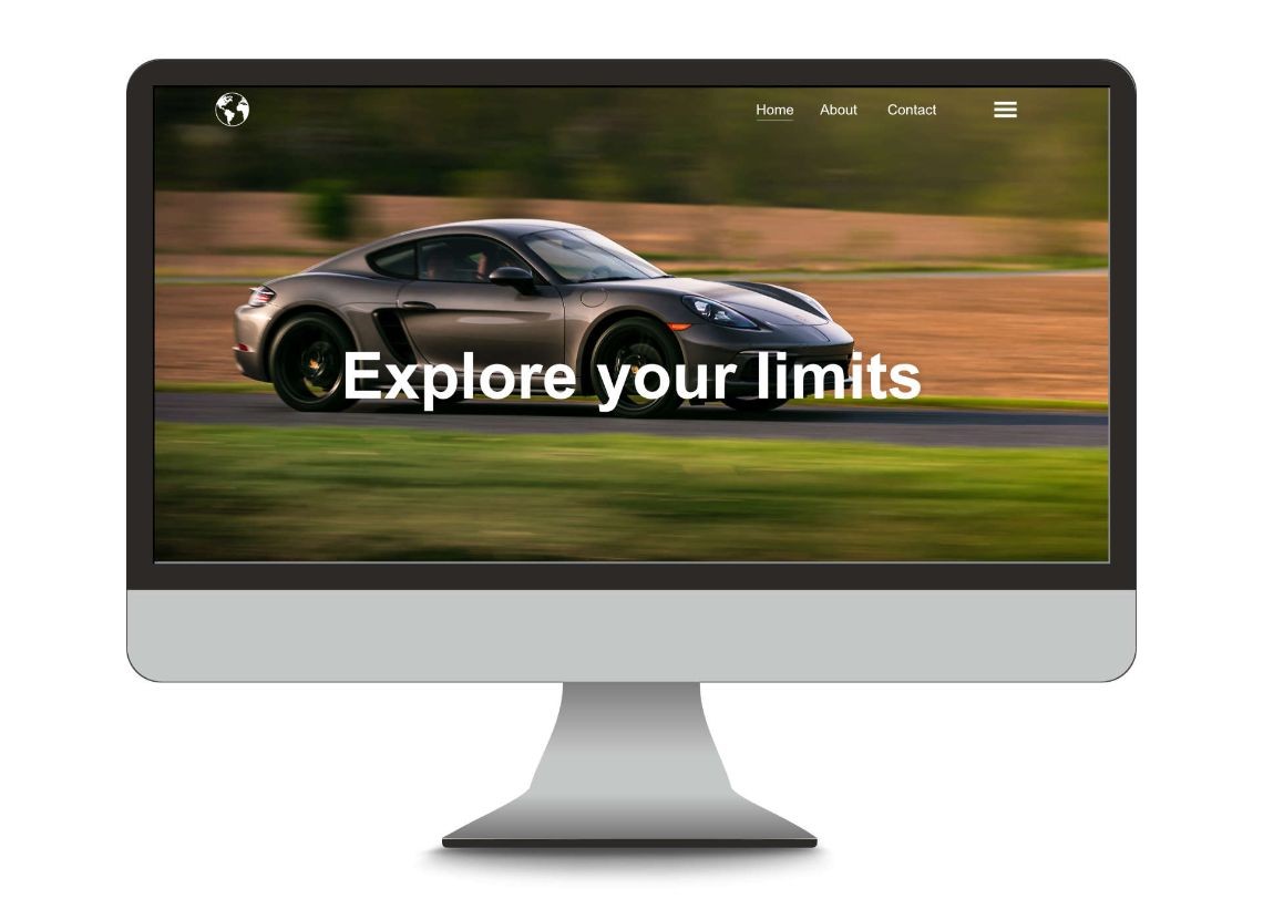 Asztali számítógép monitorján weboldal sportkocsit ábrázoló képpel